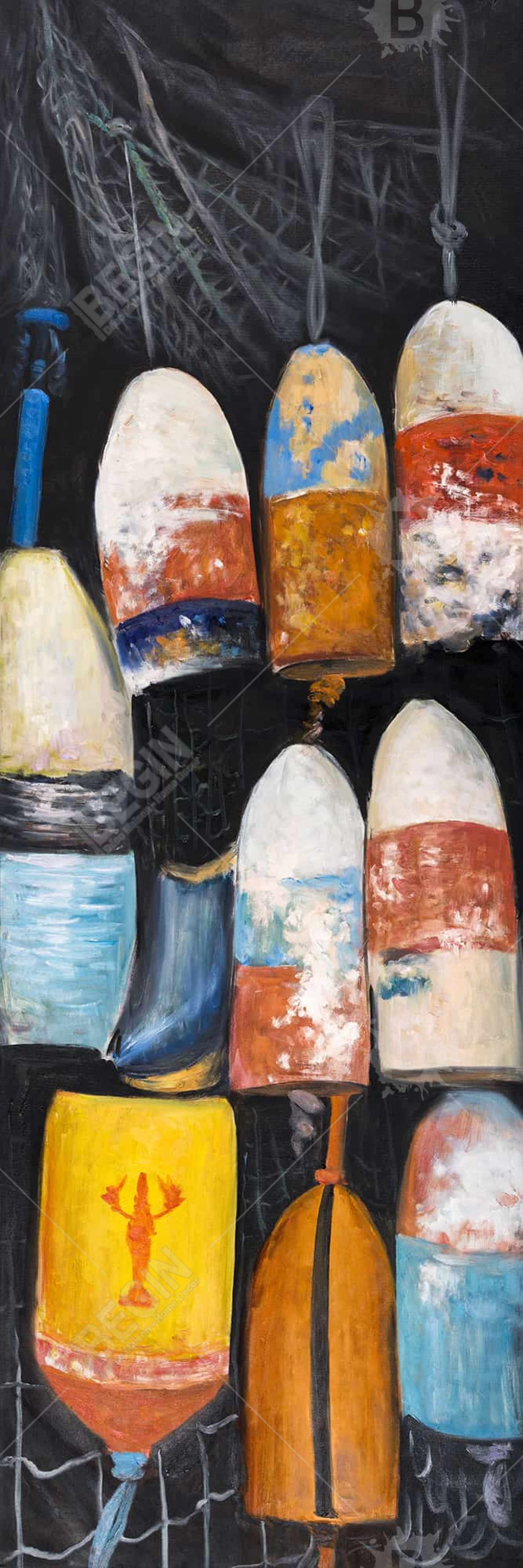 Vintage Lobster Buoys Framed Canvas | Coastal Home Decor