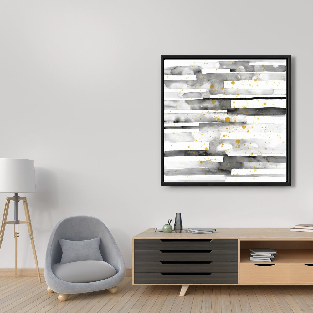 Black Stripes Gold Splash Canvas - White Frame Home Decor