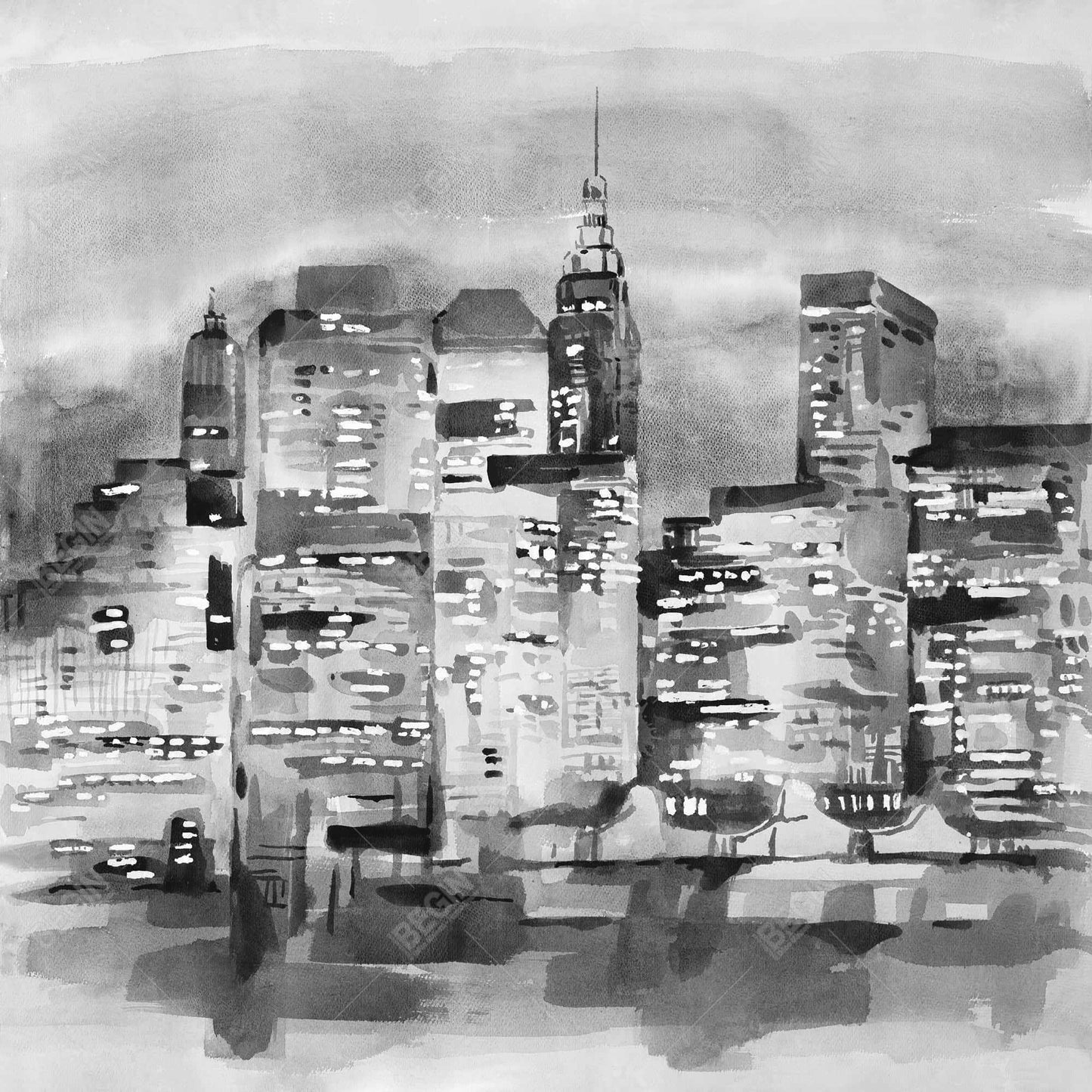 Watercolor Cityscape Canvas - Gray Building Frame Decor