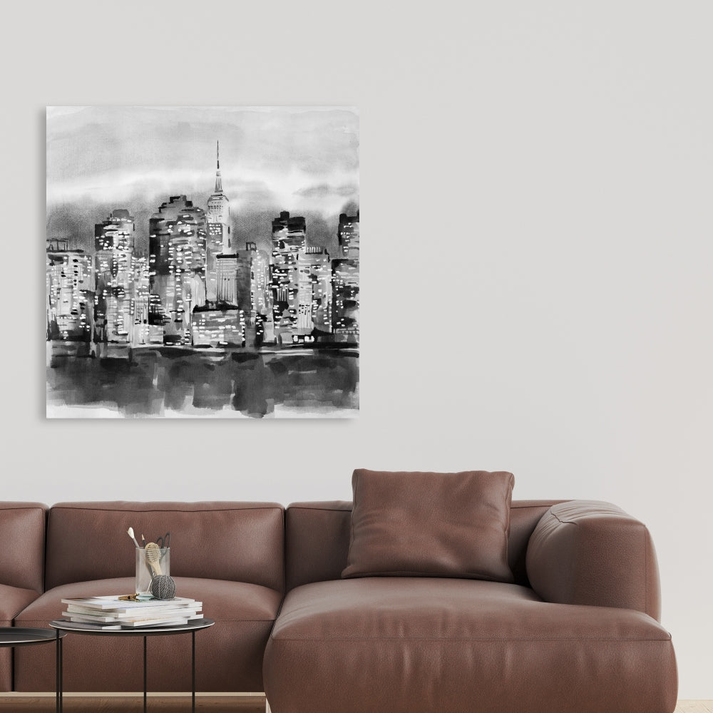 Gray Bedroom Canvas | Watercolor Cityscape Building Decor