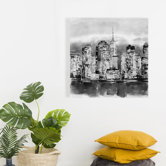 Gray Bedroom Canvas | Watercolor Cityscape Building Decor