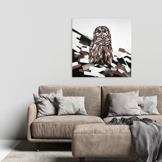 Toile blanche rustique représentant une chouette hulotte | Décoration d'intérieur et art animalier