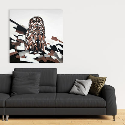 Toile blanche rustique représentant une chouette hulotte | Décoration d'intérieur et art animalier