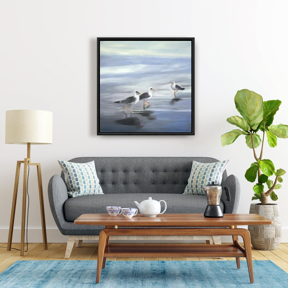 Toile encadrée bleue « Trois Mouettes » | Décoration de salon
