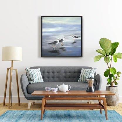 Toile encadrée bleue « Trois Mouettes » | Décoration de salon