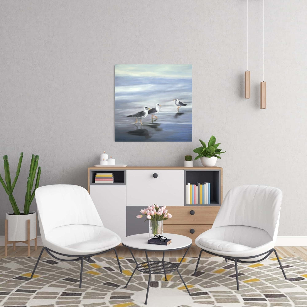 Three Gulls Canvas - Blue Bird Living Room Decor Wall Art