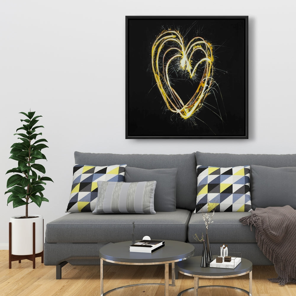 Toile encadrée « Cœur de feux d'artifice aux formes jaunes » | Décoration d'intérieur