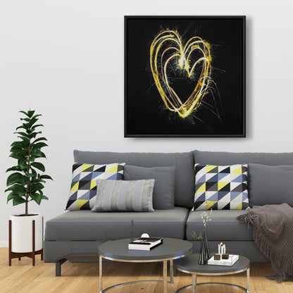 Toile encadrée « Cœur de feux d'artifice aux formes jaunes » | Décoration d'intérieur