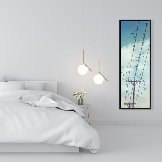 Birds on Wire Framed Canvas | Modern Bedroom Wall Art Decor