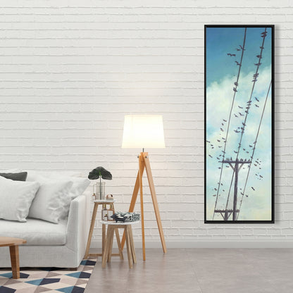 Birds on Wire Framed Canvas | Modern Bedroom Wall Art Decor