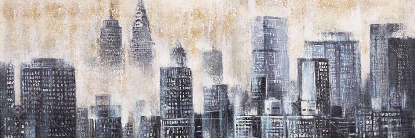 Gray Contemporary Framed Canvas - Buildings Through the Clouds