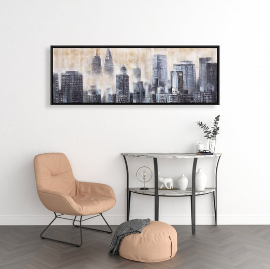 Gray Contemporary Framed Canvas - Buildings Through the Clouds
