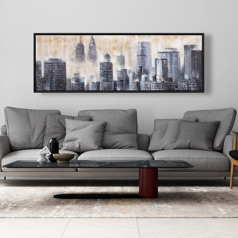 Gray Contemporary Framed Canvas - Buildings Through the Clouds