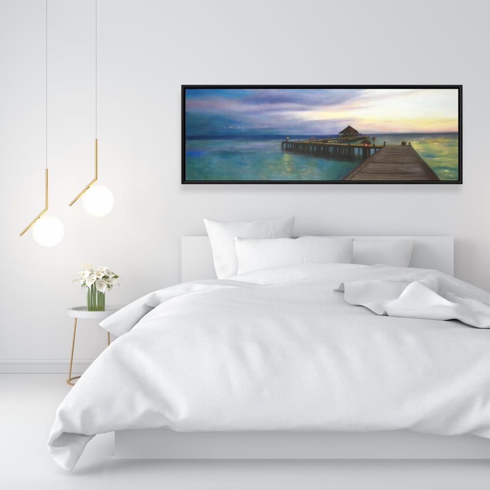 Boardwalk Sunset Canvas | Coastal Bedroom Blue Framed Decor