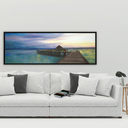 Boardwalk Sunset Canvas | Coastal Bedroom Blue Framed Decor