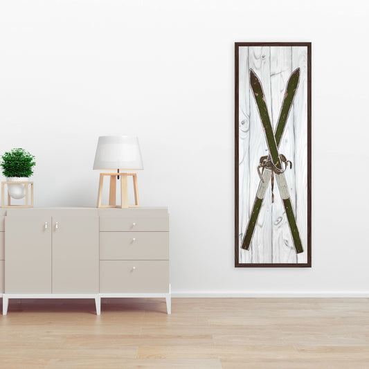 Green Vintage Skis Canvas | Brown Living Room Decor