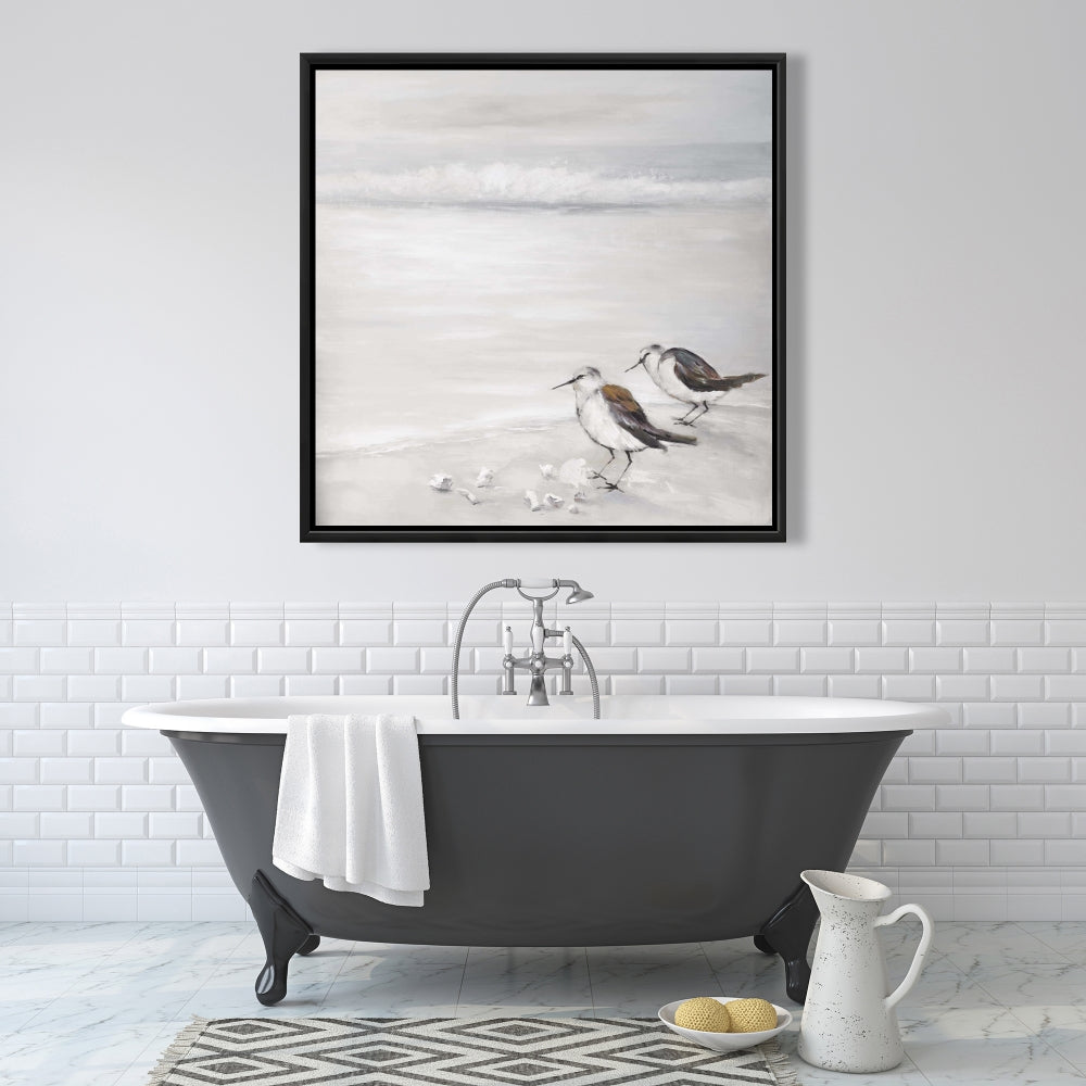 Marine Beige Framed Canvas - Two Sandpipers Birds Decor
