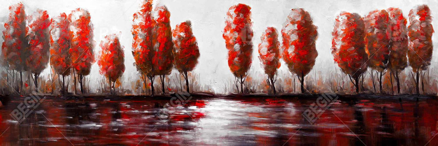 Red Trees by the Lake | Framed Canvas Art for Home Decor