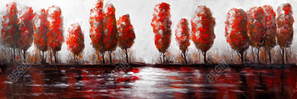 Red Trees by the Lake | Framed Canvas Art for Home Decor