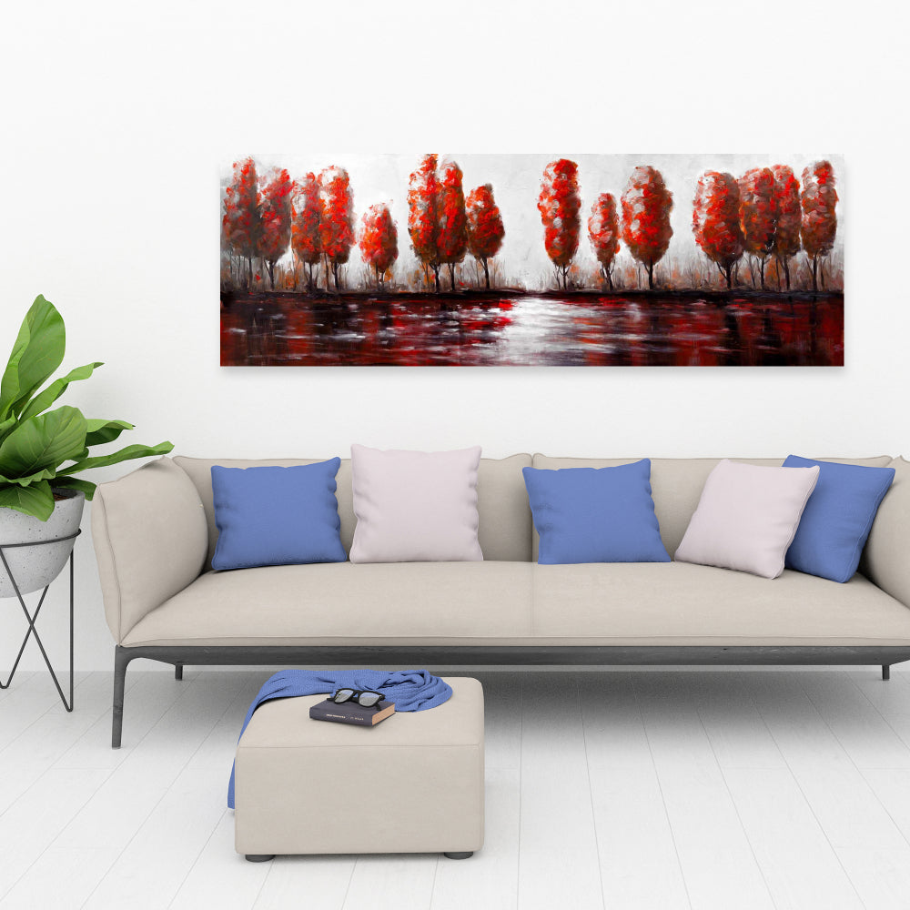 Red Trees by the Lake - Gray Canvas Art | Contemporary Decor