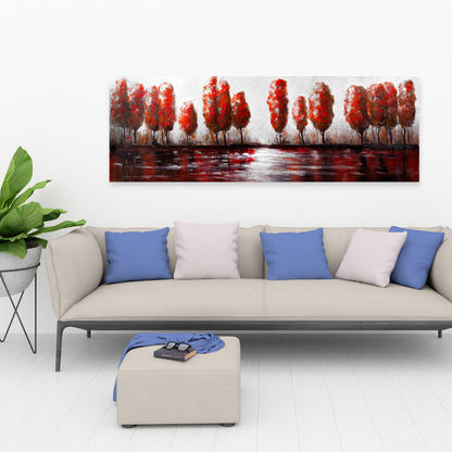Red Trees by the Lake - Gray Canvas Art | Contemporary Decor