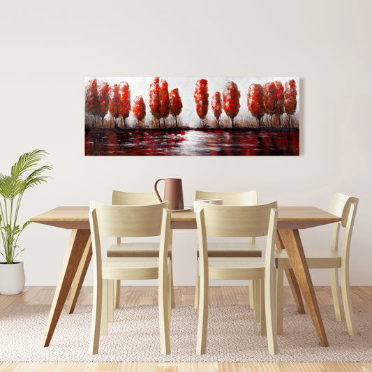 Red Trees by the Lake - Gray Canvas Art | Contemporary Decor