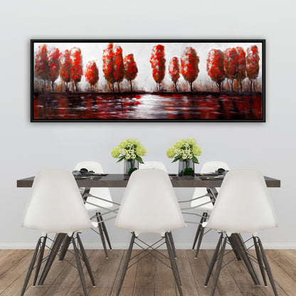 Red Trees by the Lake | Framed Canvas Art for Home Decor