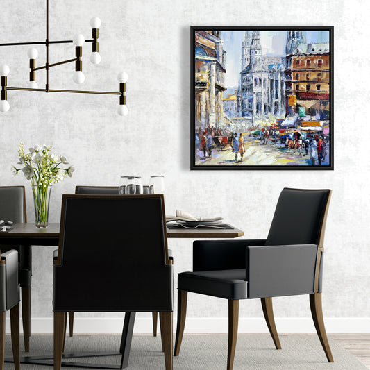 Rue animée par une journée ensoleillée | Décoration de chambre contemporaine sur toile