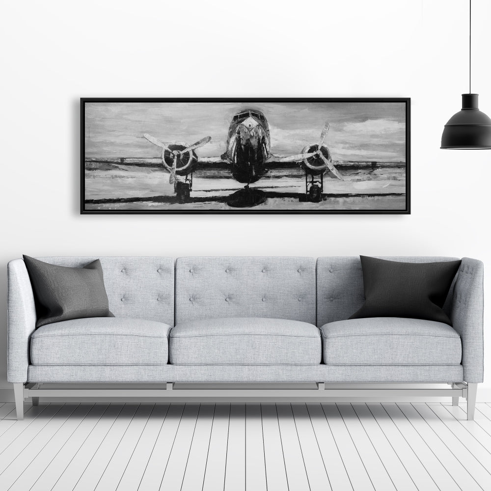 Grayscale Plane Canvas | Industrial Living Room Decor