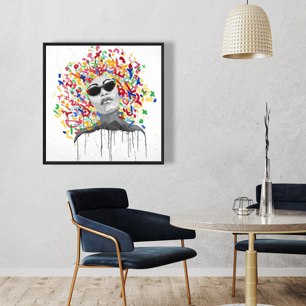 Retro Bedroom Shapes Framed Canvas | Woman Street Art Pop Decor