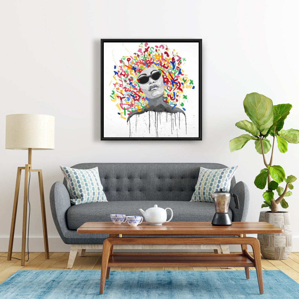 Retro Bedroom Shapes Framed Canvas | Woman Street Art Pop Decor