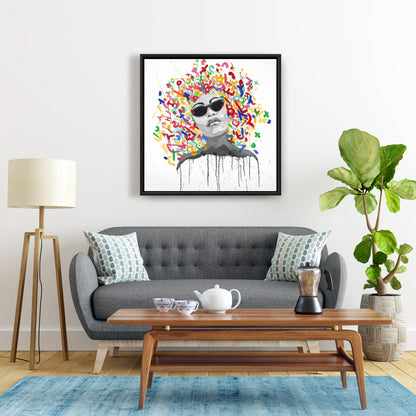 Retro Bedroom Shapes Framed Canvas | Woman Street Art Pop Decor