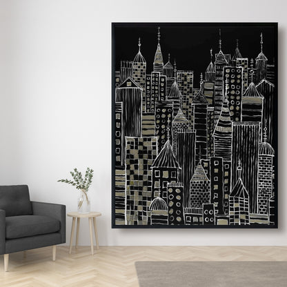 Toile illustrative de tours urbaines – Décoration murale encadrée pour la maison