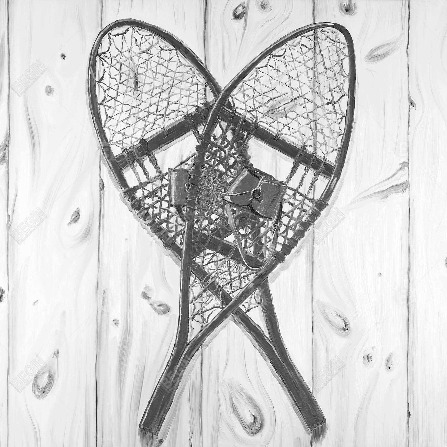 Toile rustique grise | Décoration vintage en bois monochrome avec raquettes à neige