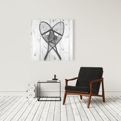 Vintage Monochrome Wood Snowshoes Canvas | Rustic Home Decor
