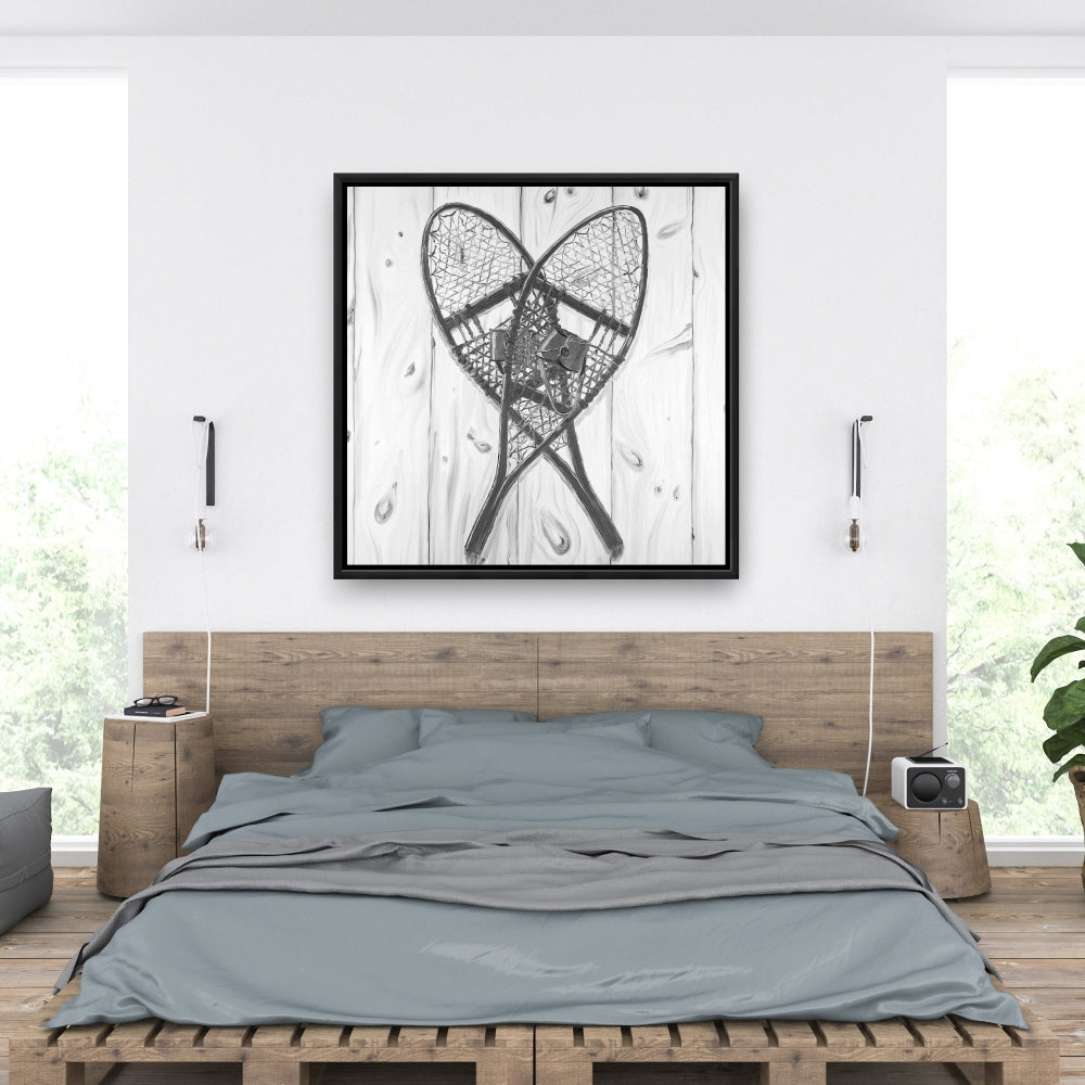 Toile rustique grise | Décoration vintage en bois monochrome avec raquettes à neige