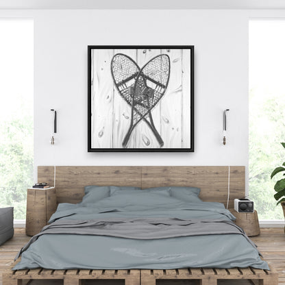 Toile rustique grise | Décoration vintage en bois monochrome avec raquettes à neige