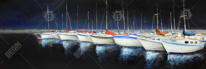 Toile « Bateaux de pêche à la marina » | Décoration murale encadrée bleue