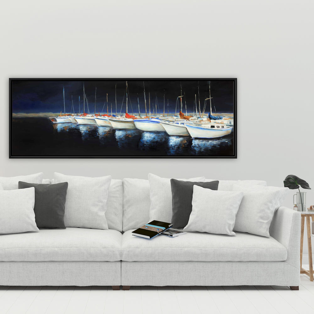 Toile « Bateaux de pêche à la marina » | Décoration murale encadrée bleue