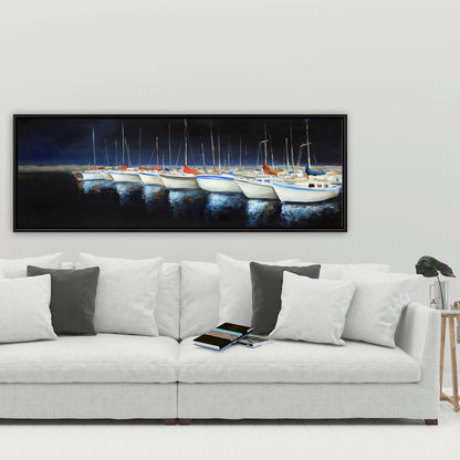 Toile « Bateaux de pêche à la marina » | Décoration murale encadrée bleue