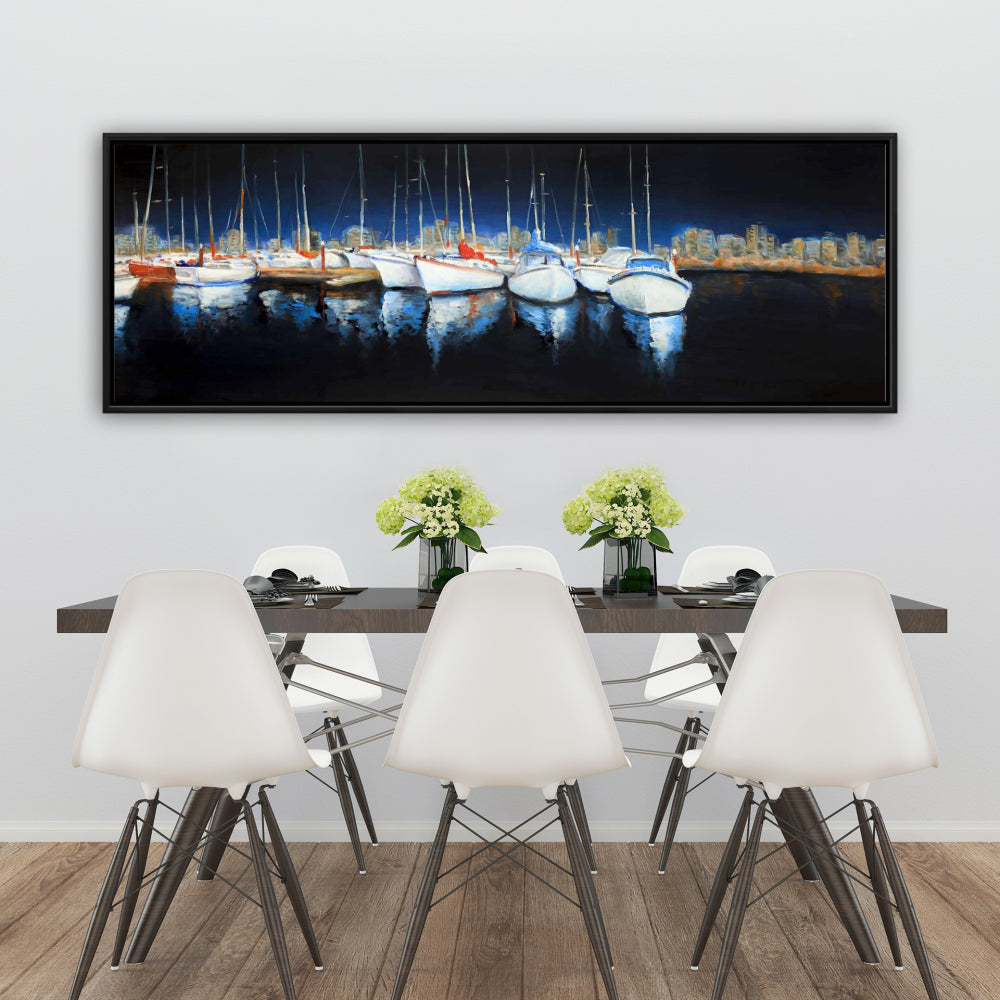 Blue Coastal Bedroom Canvas | Evening at the Marina Framed Art