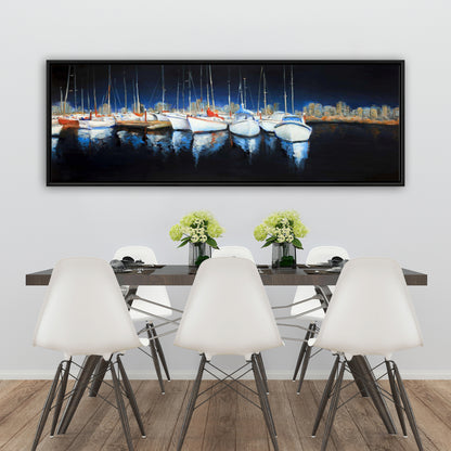 Blue Coastal Bedroom Canvas | Evening at the Marina Framed Art