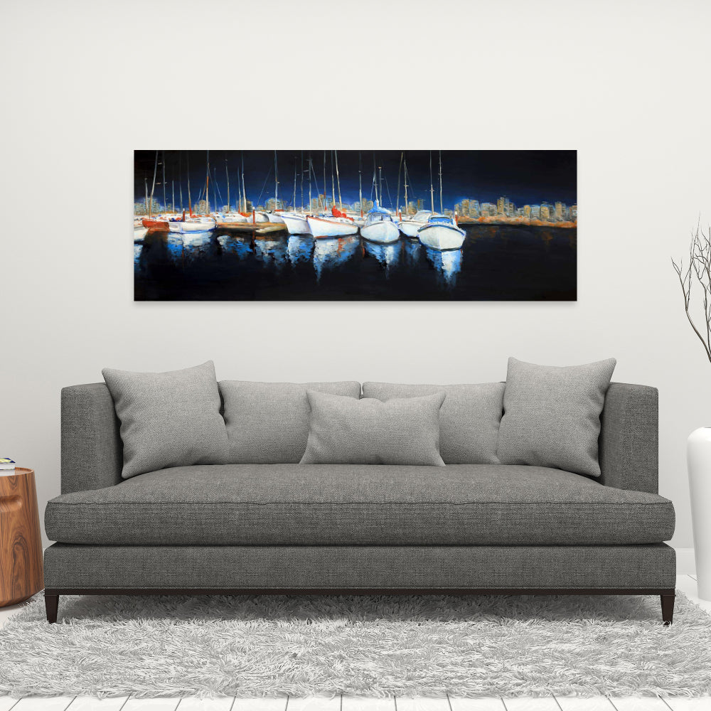 Soirée à la marina | Décoration d'intérieur sur toile représentant un bateau bleu