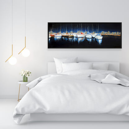 Blue Coastal Bedroom Canvas | Evening at the Marina Framed Art