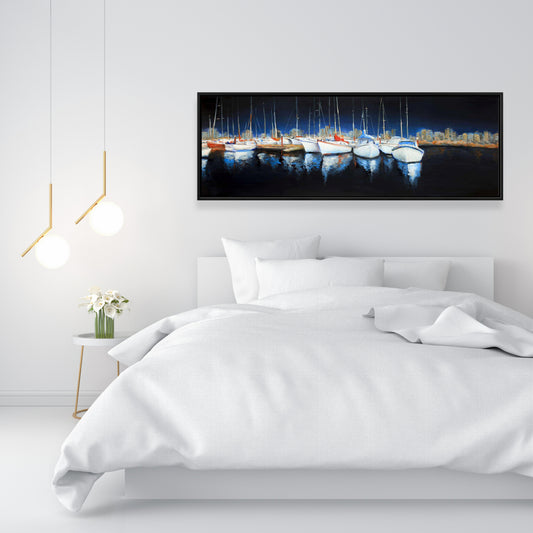 Blue Coastal Bedroom Canvas | Evening at the Marina Framed Art