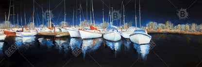 Blue Coastal Bedroom Canvas | Evening at the Marina Framed Art