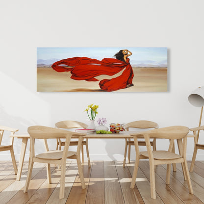 Contemporary Blue Canvas - Woman in Red Dress Desert Decor