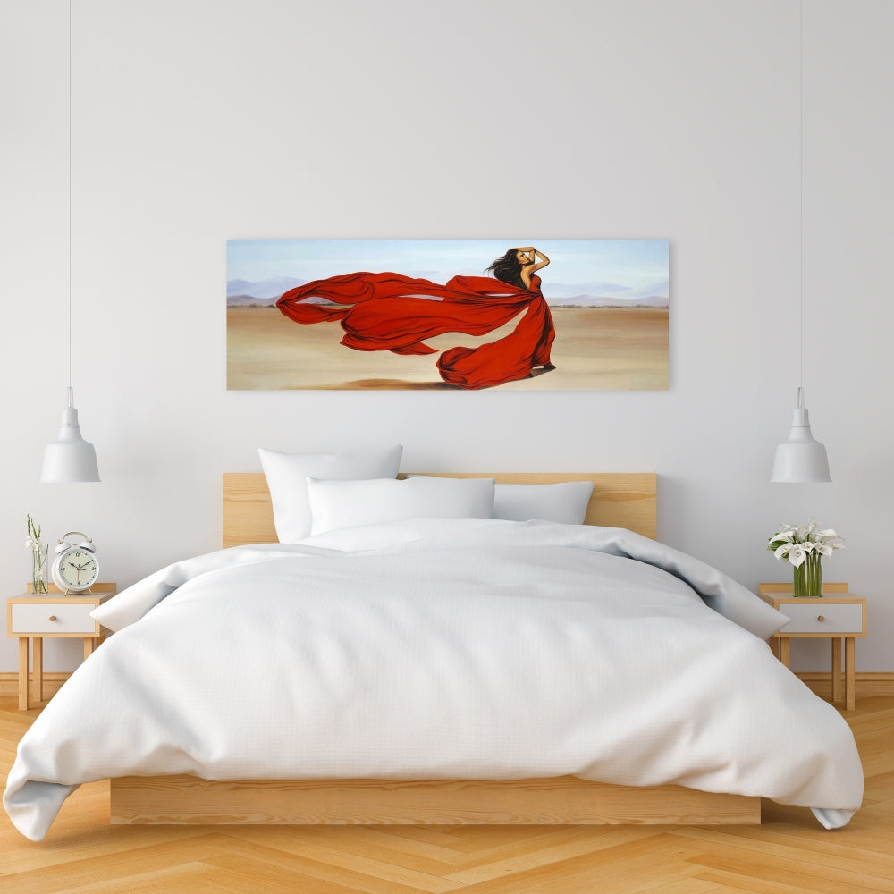 Contemporary Blue Canvas - Woman in Red Dress Desert Decor