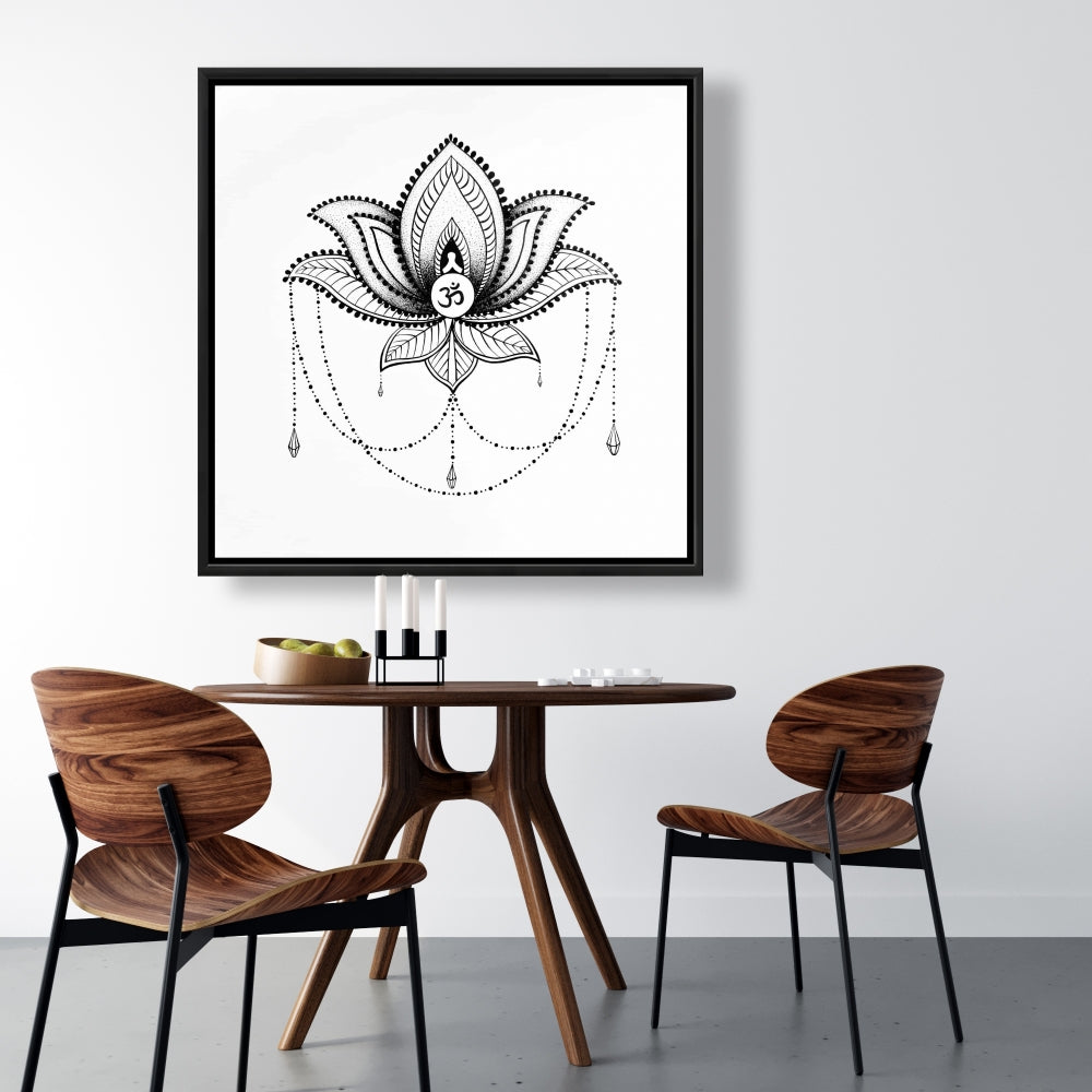 Ornement de lotus ethnique | Toile encadrée noire et blanche