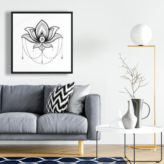 Ornement de lotus ethnique | Toile encadrée noire et blanche